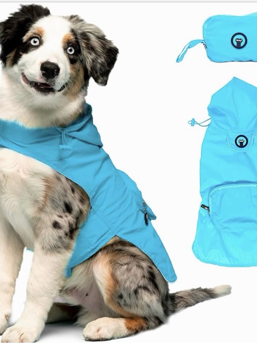Fabdog lt. blue Packable Nylon hooded Leash hole Waterproof Raincoat Size Medium